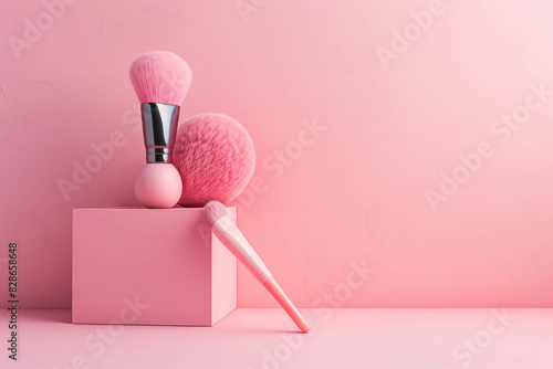 Explore the elegance of a makeup event highlighted by soft pastel pink and light colors. AI generative technology adds depth and vibrancy to the visual presentation. photo