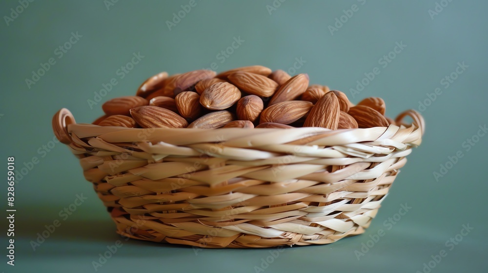 A close-up image of a wicker basket filled with almonds. The basket is placed on a solid green background. The almonds are natural and unprocessed. A close-up image of a wicker basket filled with almonds. The basket is placed on a solid green background. The almonds are natural and unprocessed.