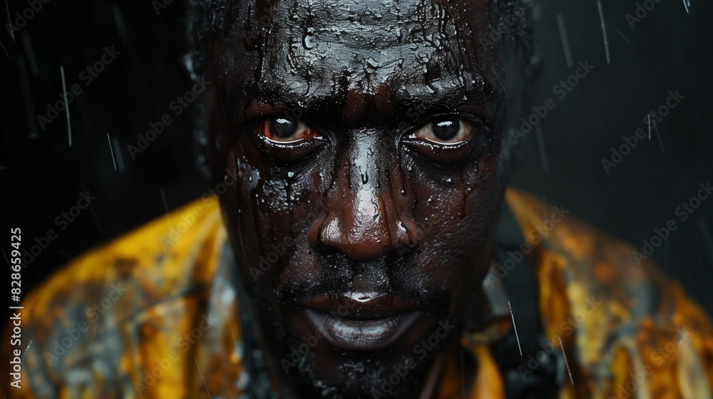 A close-up portrait of an African American oil industry worker, his face smeared with oil A close-up portrait of an African American oil industry worker, his face smeared with oil