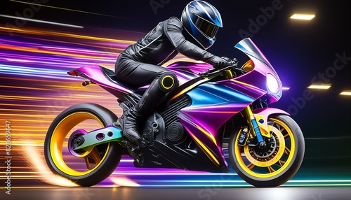 A neon-drenched motorcycle, a canvas of vibrant colors and sharp angles, tears through the black void with a rider in action, leaving a trail of colorful light streaks in its wake