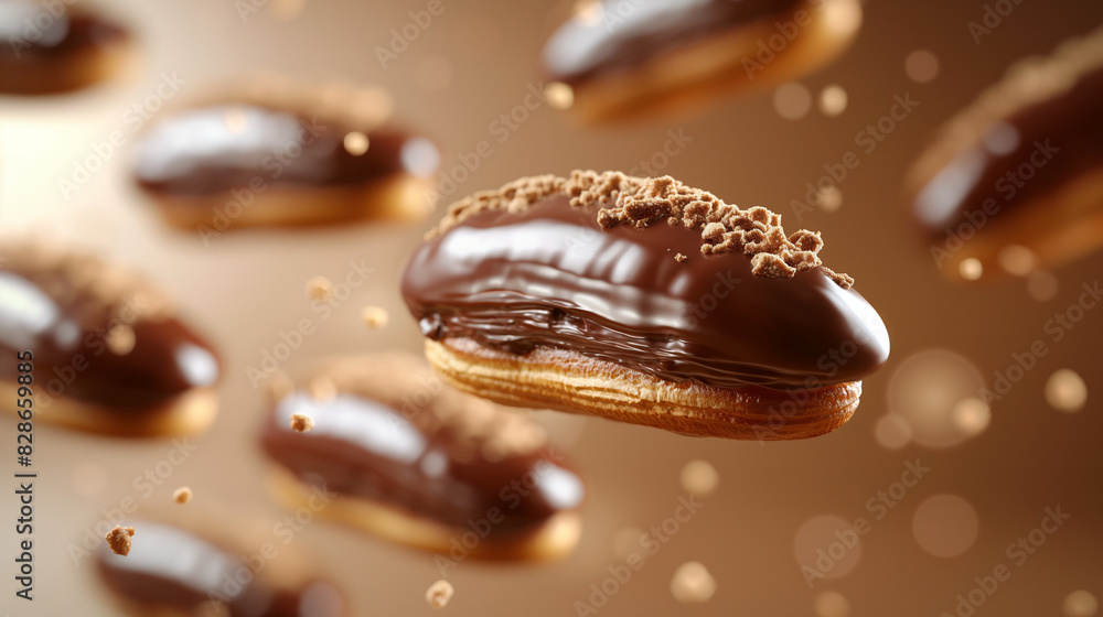 chocolate eclairs against light brown background, chocolate eclairs flying through the air against a light brown background chocolate eclairs against light brown background, chocolate eclairs flying through the air against a light brown background