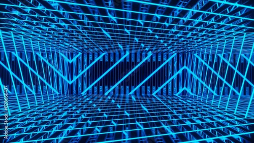 Vj loop neon room. Mirror room with neon light. Abstract festive bg with bright reflection. Dark room disco lights. Seamless looped bg with neon light. Night club bright neon style bg. Moving light