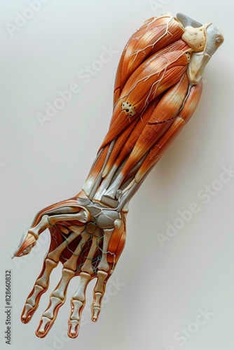 Illustration of the human arm bones with muscle attachments and origin points, Medical, Detailed, Digital Art photo