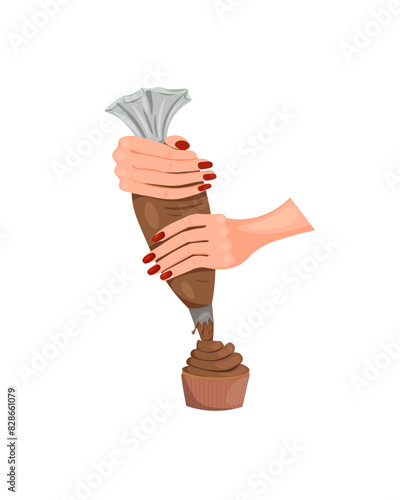 Female hands hold a pastry bag and squeeze chocolate cream onto a cupcake. Bakery, pastry shop, confectionery, preparing cupcakes, dessert. Hand drawn vector illustration