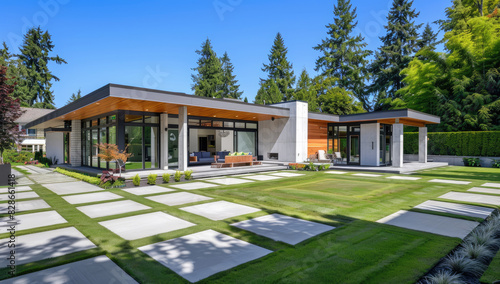 A large, single-story modern home with an open-plan interior and concrete floors on the outside, featuring wood accents, white columns at each entrance, and green grass lawns under clear blue skies © Kien
