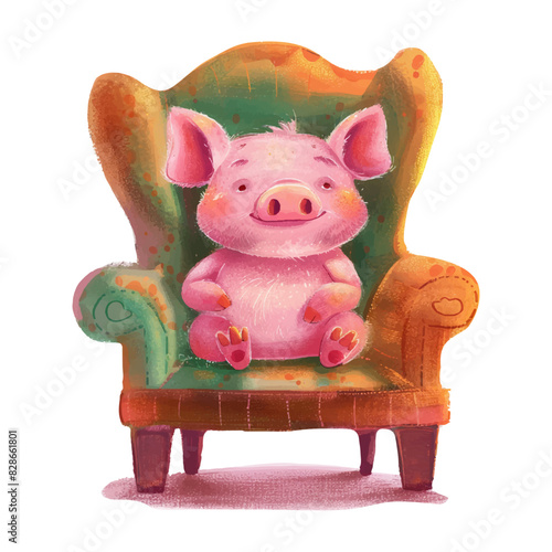 Cute pig sitting on chair white background (3)