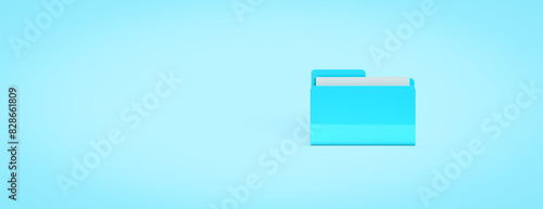 A blue folder with papers and files. 3d rendering on the topic of computer, office, work, interface, technology, applications, business, data. Minimal, modern style. Blue background.