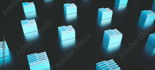 The pattern of folders with operating system files. 3d rendering on computer, interface, technology, applications, development, code, business, data. Minimal, modern style. Dark background. photo