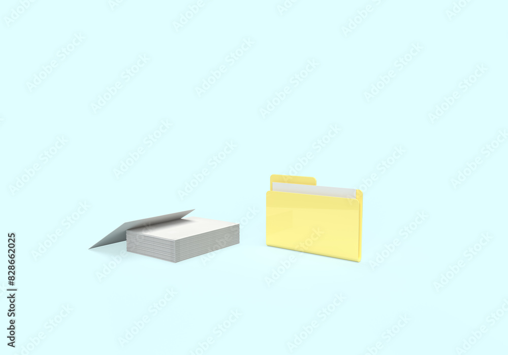 A yellow folder with papers and files. 3d rendering on the topic of computer, office, work, interface, technology, applications, business, data. Minimal, modern style. Blue background. A yellow folder with papers and files. 3d rendering on the topic of computer, office, work, interface, technology, applications, business, data. Minimal, modern style. Blue background.