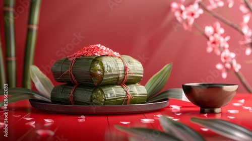 celebrating dragon boat festival with traditional chinese zongzi wrapped in bamboo leaves on a red table, emphasizing the festive culture