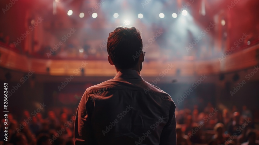 A man stands in front of a crowd of people in a theater A man stands in front of a crowd of people in a theater