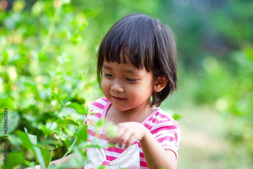 Asian cute girls sitting in the jasmine garden, Happy mother day concept Asian cute girls sitting in the jasmine garden, Happy mother day concept