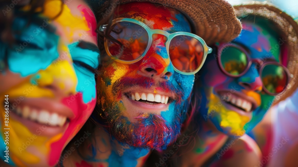 A group of people are wearing colorful face paint and smiling A group of people are wearing colorful face paint and smiling