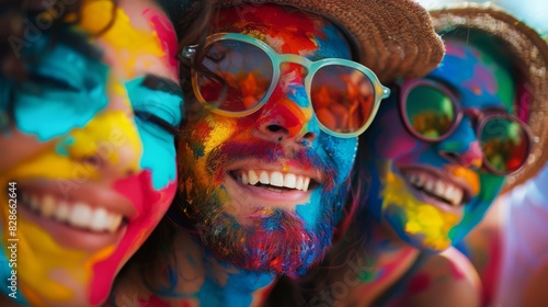A group of people are wearing colorful face paint and smiling