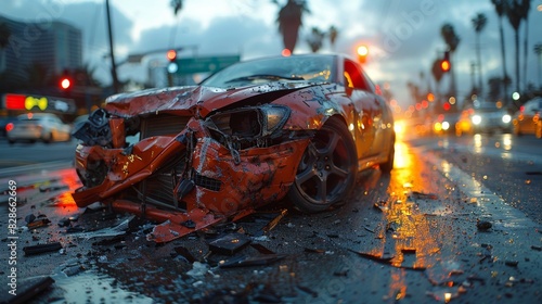 A heavily damaged red sports car in an urban environment with debris scattered on a wet road