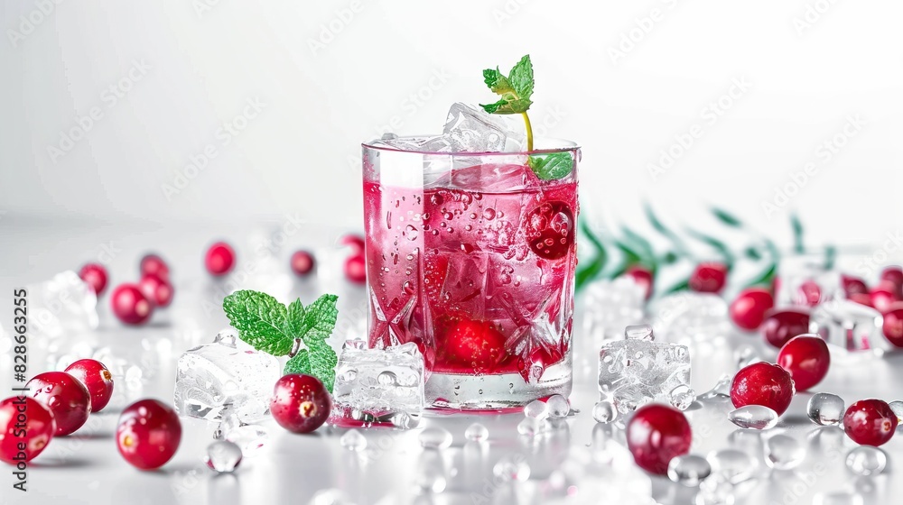 Refreshing cranberry cocktail with ice and mint in glass. Refreshing cranberry cocktail with ice and mint in glass.