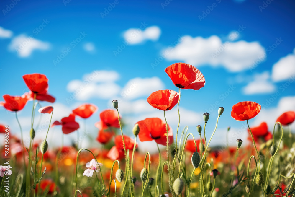 Naklejka premium Field of red poppies on the background of the blue sky, background with copy space