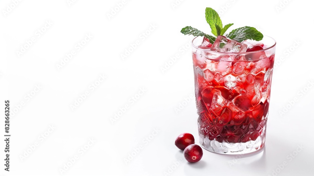Refreshing cranberry cocktail with ice and mint in glass. Refreshing cranberry cocktail with ice and mint in glass.
