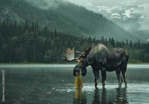 A moose standing in the water  eating grass with its head tilted up and its mouth open to eat it. The lake is calm without waves or ripples on the surface