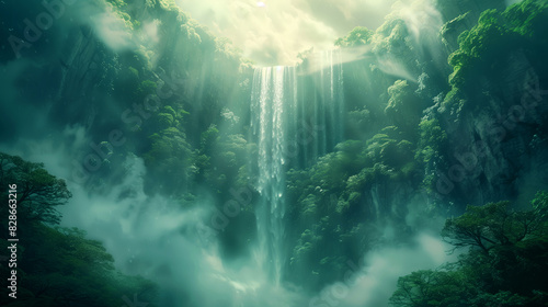 Waterfall in the sky, green fantasy forest, fantasy background, foggy atmosphere photo