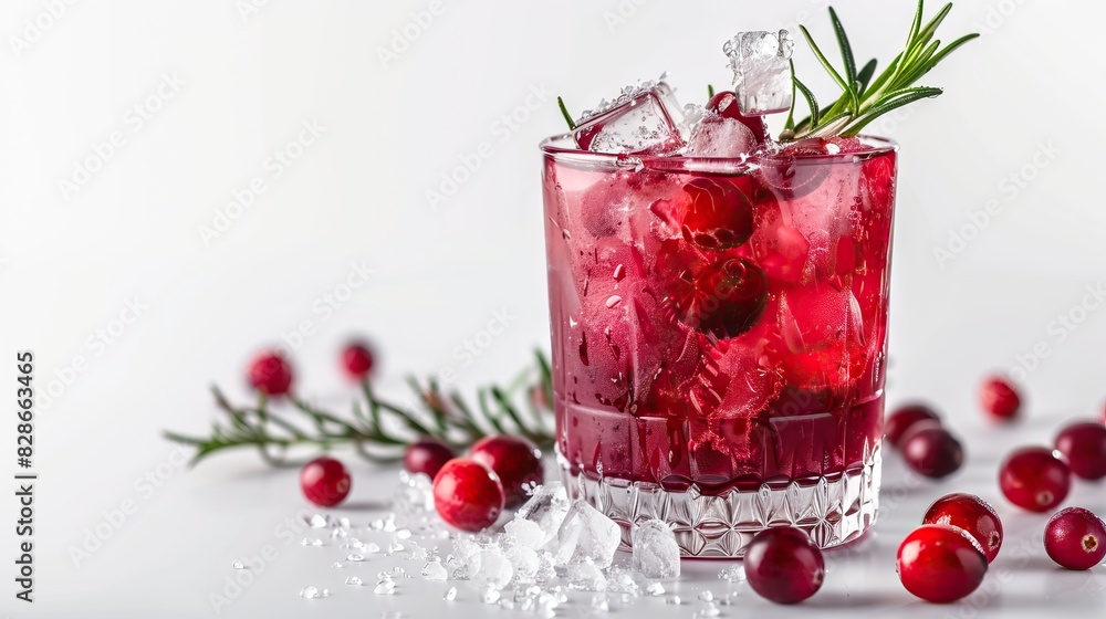 Cranberry cocktail with ice and rosemary in glass on white. Cranberry cocktail with ice and rosemary in glass on white.