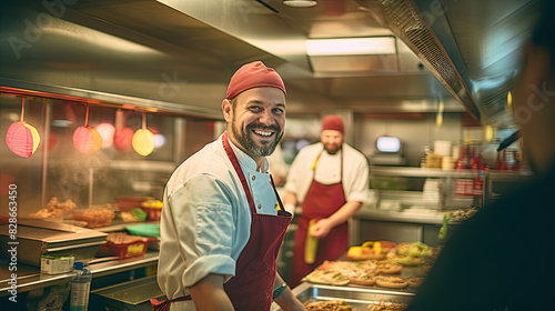 Smiling Chef Creating Delicious Burgers in a Busy Fast Food Kitchen