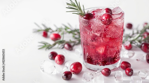 Tasty refreshing cranberry cocktail with rosemary on white background
