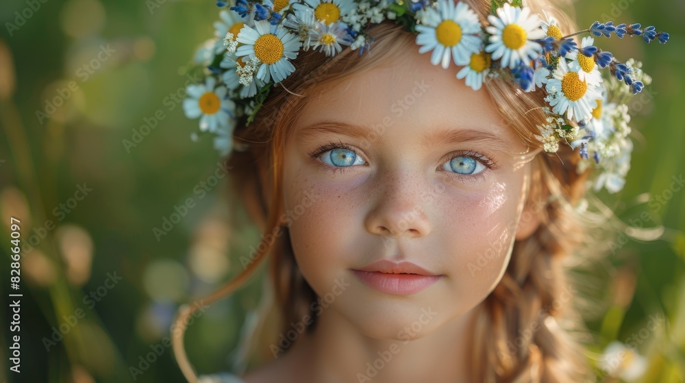 summer solstice festival, a young girl wears a wreath of daisies and lavender, symbolizing traditions and celebrations of the summer solstice festivities summer solstice festival, a young girl wears a wreath of daisies and lavender, symbolizing traditions and celebrations of the summer solstice festivities