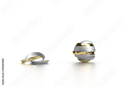 Metal balls cut into pieces. Silver and gold color. 3d rendering on the topic of business, work, office, education, finance, peace, politics. Minimal style. Transparent background.