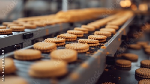 Factory producing cookies on a conveyor belt