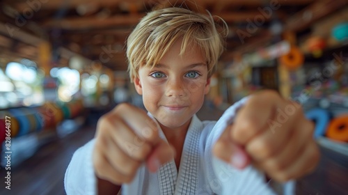 A cheerful boy in a karate gi makes a playful fighting stance in a dojo photo