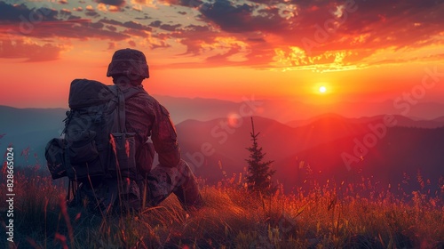 Lone hiker with a backpack sitting amidst wildflowers, enjoying a majestic mountain sunset
