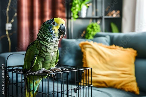 parrot in a cage in a home interior photo