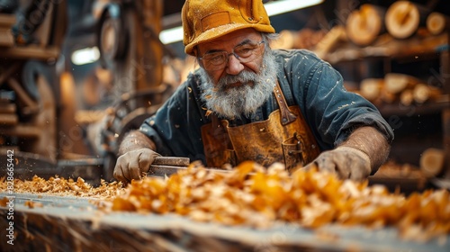 An elder craftsman with a beard is carving wood in a well-equipped woodshop © familymedia