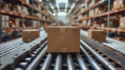 Cardboard box traveling on a conveyor system in a logistic hub