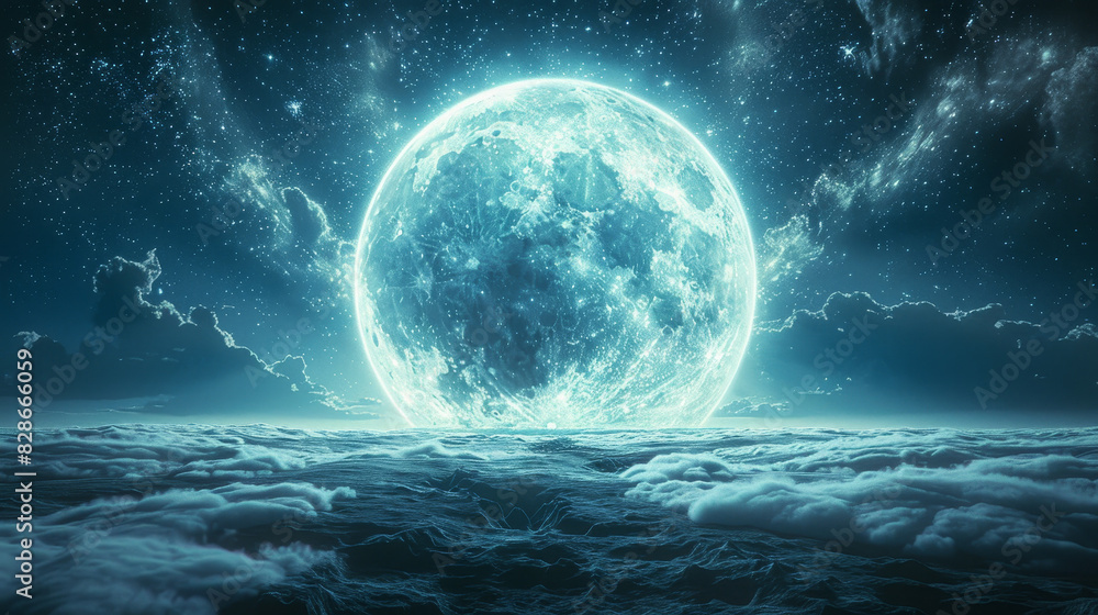 A large blue moon is floating in the sky above a body of water A large blue moon is floating in the sky above a body of water