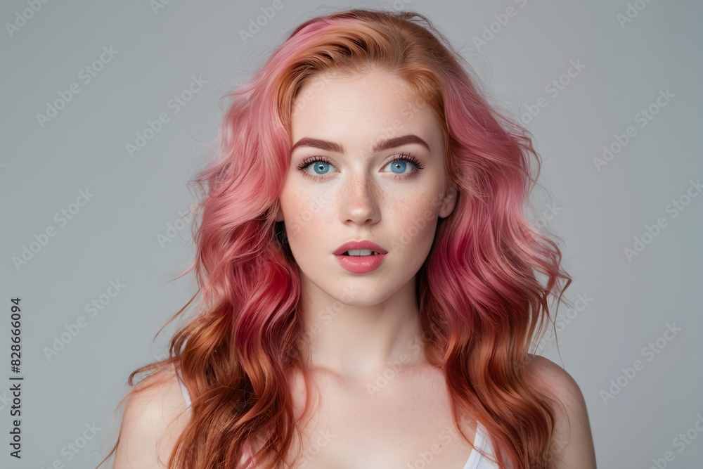 Beautiful woman with wavy pink hair, blue eyes, wearing a white tank top on gray background, studio shot. Beautiful woman with wavy pink hair, blue eyes, wearing a white tank top on gray background, studio shot.