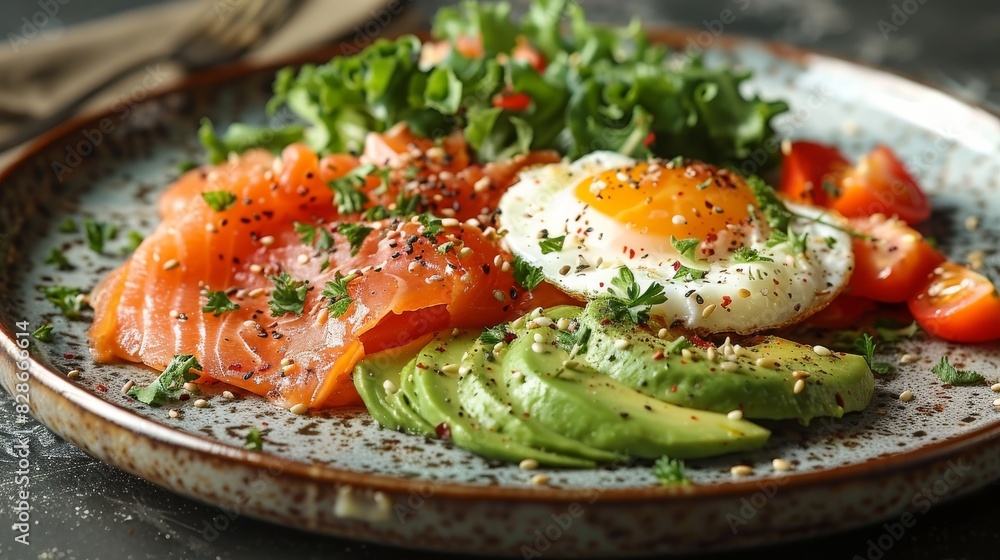 A tantalizing dish garnished with herbs, showcasing poached egg, avocado and smoked salmon