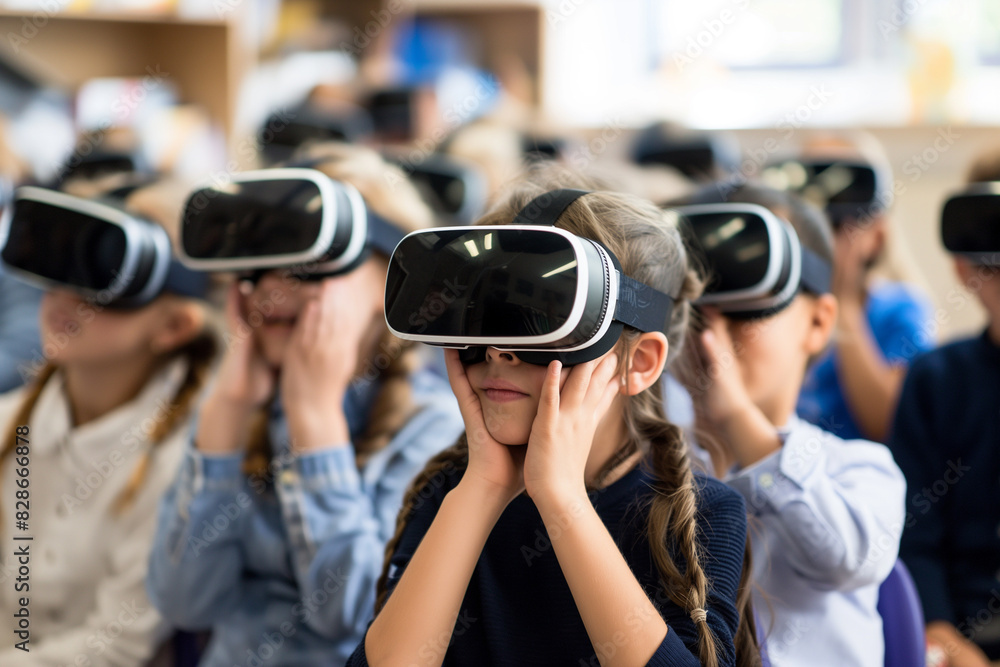 School children wearing VR headsets in class School children wearing VR headsets in class