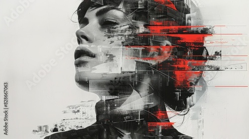 Collage of woman's portrait with a lot of pieces and fragments around her head. Blask and white, Abstrart, creative art, close up
