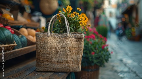 A rustic straw bag filled with vibrant yellow flowers set against an urban street background