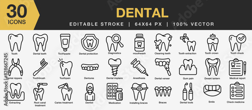 Set of 30 Dental icon set. Editable Stroke Icon Collection. Includes tooth, pain, teeth, medicine, treatment, cleaning, dentist, and More. Outline icons vector collection.