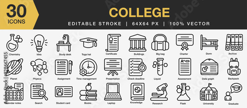Set of 30 College icon set. Editable Stroke Icon Collection. Includes Backpack, idea, graduate, research, study, university and More. Outline icons vector collection.