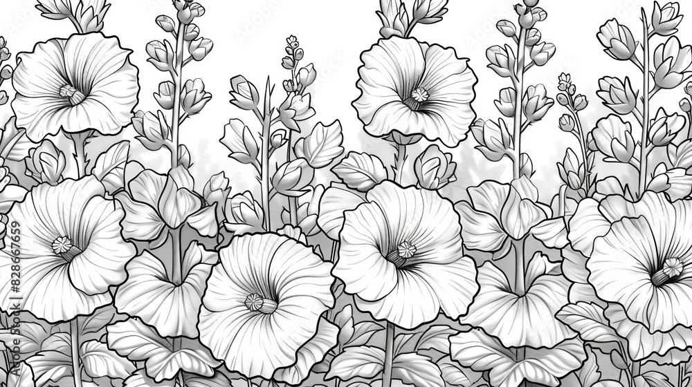 coloring book Black and white image of hollyhock flowers. coloring book Black and white image of hollyhock flowers.