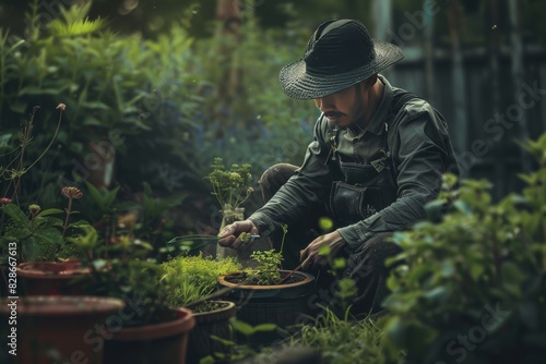 Man in protective clothing tending to plants in a greenhouse  emphasizing careful cultivation and attention to detail in a controlled environment