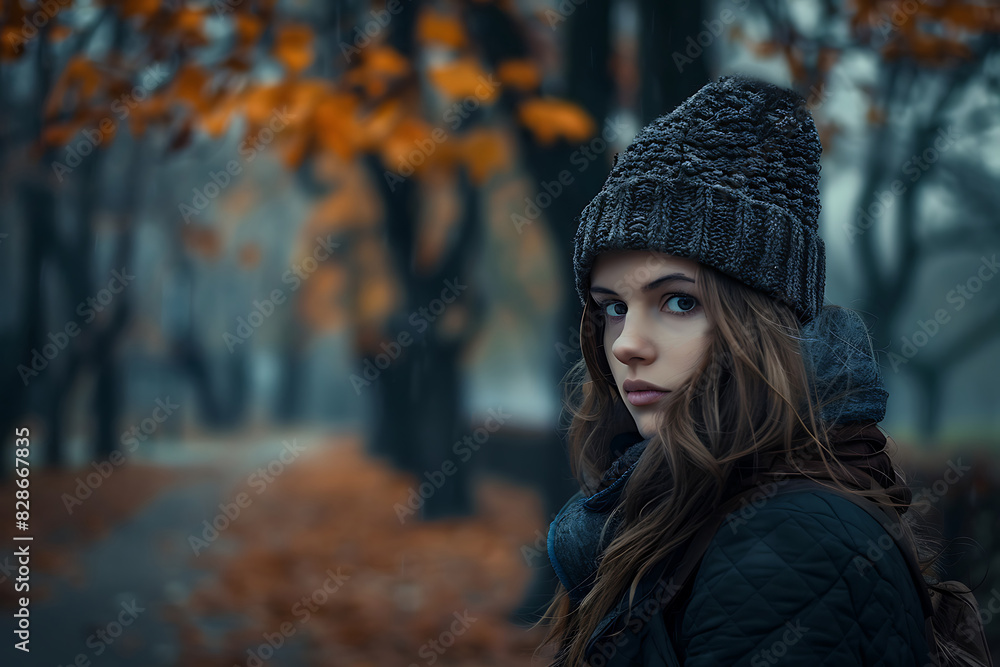 portrait of a beautiful young woman in an autumn park against a background of leaves portrait of a beautiful young woman in an autumn park against a background of leaves