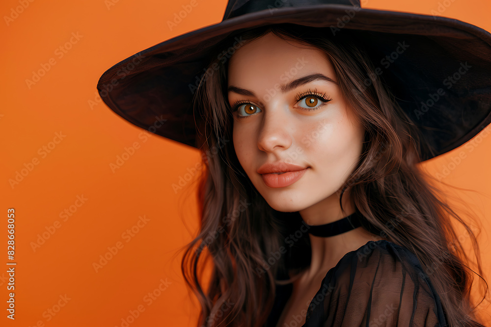 young woman with halloween witch hat on orange background young woman with halloween witch hat on orange background