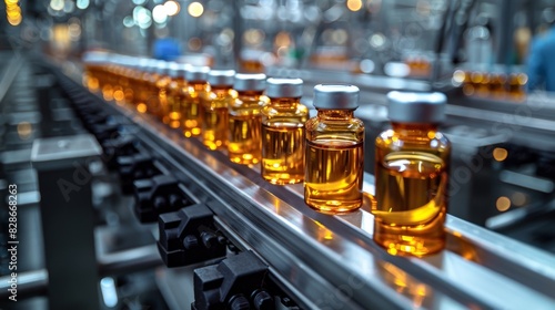 Image captures numerous amber glass bottles lined up on a conveyor at a modern pharmaceutical plant