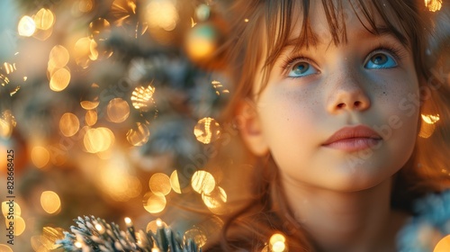 Portrait of a young girl gazing with amazement at Christmas tree lights' bokeh backdrop