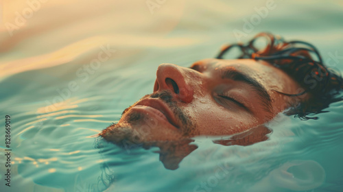 Close-up of a peaceful man calmly floating in water with a warm sunset glow photo